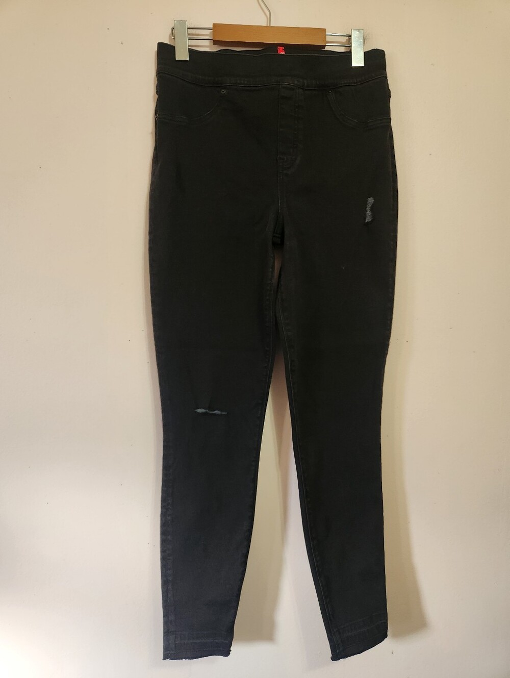 SPANX Vintage Black Distressed Ankle Skinny Jean Leggings Pull-On Denim Size L